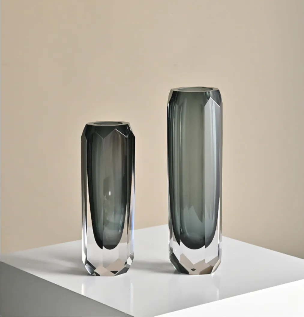 Aman Gray Cut Glass Vase - Short